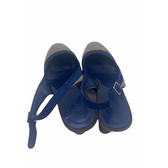 Boden Size 39 (US Size 8) Dark Blue & Beige Leather Slingback Wedges - Picture 4 of 8